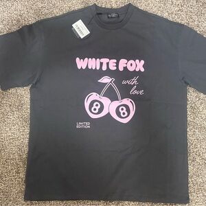 White Fox Boutique Dark Gray Tee with Pink Cherry Design